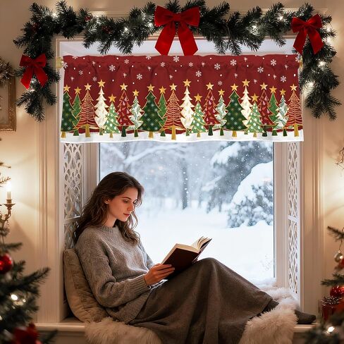 أشجار عيد الميلاد الستائر للنوافذ 54x18 بوصة الأحمر عيد الميلاد الستار الستارة للمطبخ الحمام غرفة المعيشة ديكور غرفة نوم in Kuwait