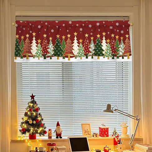 أشجار عيد الميلاد الستائر للنوافذ 54x18 بوصة الأحمر عيد الميلاد الستار الستارة للمطبخ الحمام غرفة المعيشة ديكور غرفة نوم in Kuwait