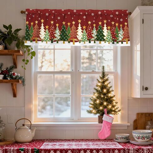 أشجار عيد الميلاد الستائر للنوافذ 54x18 بوصة الأحمر عيد الميلاد الستار الستارة للمطبخ الحمام غرفة المعيشة ديكور غرفة نوم in Kuwait