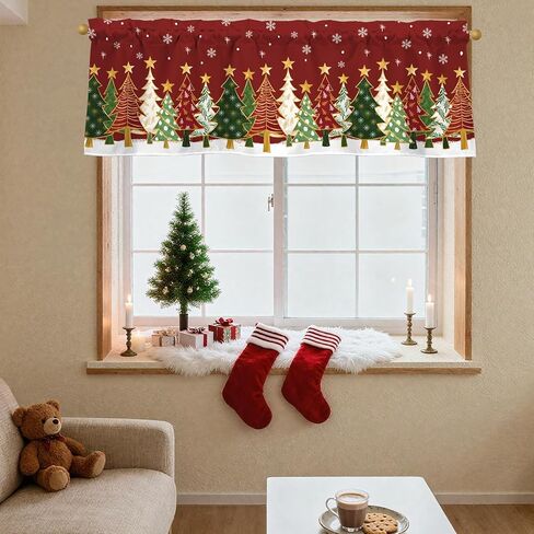 أشجار عيد الميلاد الستائر للنوافذ 54x18 بوصة الأحمر عيد الميلاد الستار الستارة للمطبخ الحمام غرفة المعيشة ديكور غرفة نوم in Kuwait