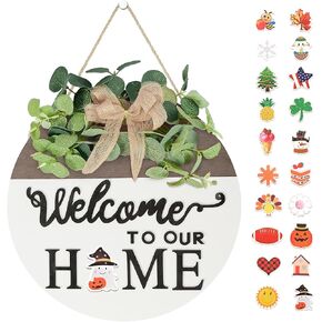 Pinkpum مزدوجة الجانبين قابلة للتبديل علامة ترحيب ديكور الباب الأمامي مع 20 أيقونة موسمية 2 في 1 أكاليل خشبية مستديرة هدايا منزل خارجي داخلي ديكورات منزلية جميع المواسم in Kuwait