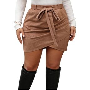 Floerns Women's Plus Size Faux Suede Wrap Mini Skirts Western Cowgirl Belted Bodycon Skirts Country Concert Outfit in Kuwait