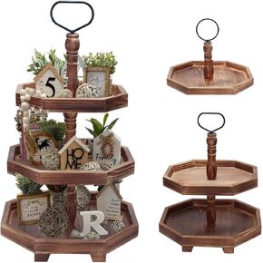 صينية تقديم ذات طبقات خشبية من MRPAPA، ثلاث صواني مزخرفة، حامل كب كيك خشبي 3 صواني مزرعة ذات طبقات لديكور المنزل (طول 13.8 بوصة عرض 12.5 بوصة ارتفاع 21.8 بوصة) in Kuwait