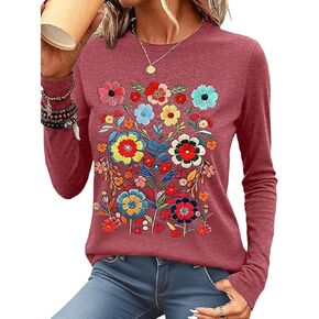 Flamingals Long Sleeve Graphic Tees for Women Vintage Wildflower Pattern Shirts Tops Crewneck Classic Tops for Women in Saudi Arabia