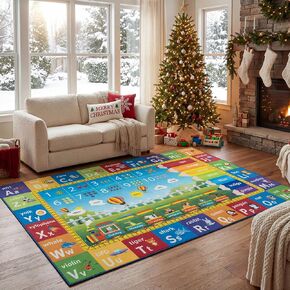 Unirea 3x5 Kids Rug for Playroom Bedroom Living Room, Washable Educational Play Mat with ABC Alphabet, Numbers, Animals for Classroom, Nursery, Colorful Learning Carpet for Toddlers, Rainbow in Saudi Arabia