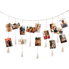 Macrame Hanging Photo Display with Clips, Boho Wall Picture Banner Decor, Boho Picture Card Frame Holder, Photo Hanger with 20 Clips for Living Room Bedroom Dorm, Teen Girls Christmas Gifts in Saudi Arabia