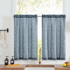 jinchan Boho Kitchen Curtains 24 Inch Bohemian Geometric Striped Linen Textured Tier Light Filtering Farmhouse Country Rustic Drapes for Small Windows Bathroom 2 Panels Blue in Saudi Arabia