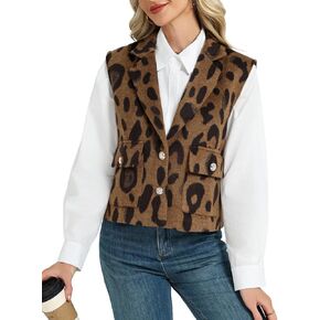 LifeShe Leopard Flannel Vest Women Casual Cheetah Sleeveless Blazer Winter Button Down Jacket with Pockets in Kuwait