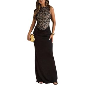 Women's Floral Lace Sleeveless Maxi Cocktail Dress Elegant Ruched Fishtail Bodycon Long Evening Dresses in Kuwait