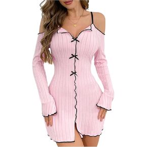 Women's Bow Nightgowns Lettuce Trim Cold Shoulder Slip Dress Ribbed Knit Sleepwear in Saudi Arabia