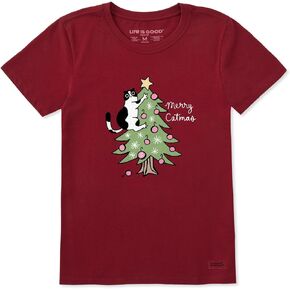 Life is Good. Women's Merry Catmas Climber Tree Short Sleeve Crusher Tee, Adirondack Red in Saudi Arabia