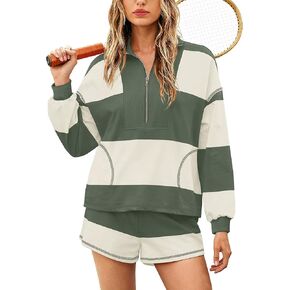 Yanekop womens Lounge Sets 2 Piece Outfits Oversized Striped Set Matching Sweat Sets Long Sleeve Shirt and Shorts Set in Saudi Arabia
