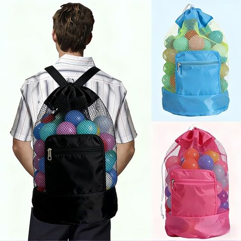 Mesh Beach Drawstring Backpack Beach Foldable Toy Organizer Pouch Shell Adjustable Straps Large Capacity Swim Bag (Black) in Saudi Arabia