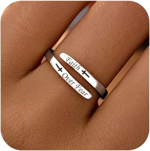 LOVECOM 925 Sterling Silver Faith Over Fear Cross Inspirational Rings for Women Daughter 14k Gold Plated Adjustable Tiny Purity Christian Wrap Ring Encouragement Ring Christmas Jewelry Gifts in Saudi Arabia