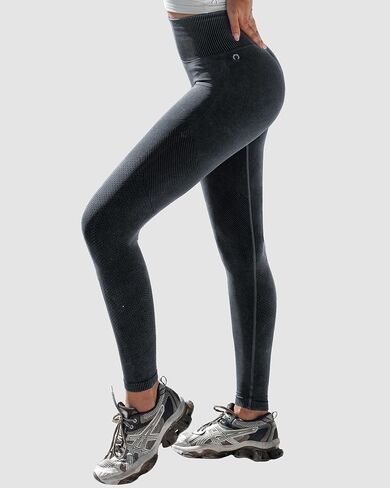 Women's High Waisted Seamless Ribbed Leggings, No Front Seam Butt Lifting Washed Denim Look Workout Gym Pants in Saudi Arabia