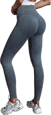 Women's High Waisted Seamless Ribbed Leggings, No Front Seam Butt Lifting Washed Denim Look Workout Gym Pants in Saudi Arabia