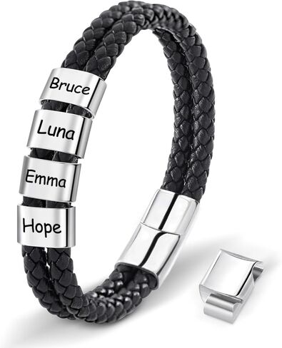 Personalized Leather Bracelets for Men, Dad Gifts for Fathers Day Custom Engraved Mens Bracelet with Name Customized Braided Leather Bracelets Gift for Him Husband Boyfriend (1-8 Beads) in Saudi Arabia