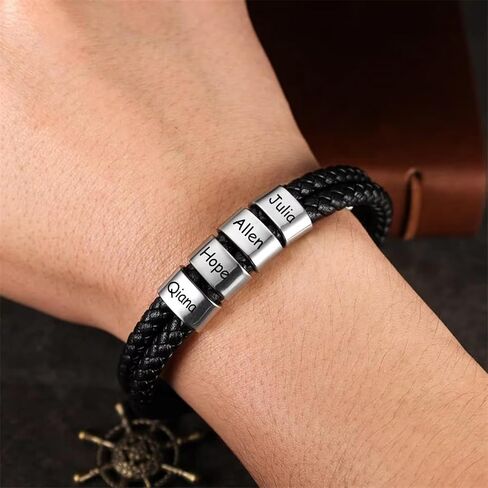 Personalized Leather Bracelets for Men, Dad Gifts for Fathers Day Custom Engraved Mens Bracelet with Name Customized Braided Leather Bracelets Gift for Him Husband Boyfriend (1-8 Beads) in Saudi Arabia
