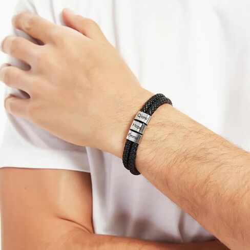 Personalized Leather Bracelets for Men, Dad Gifts for Fathers Day Custom Engraved Mens Bracelet with Name Customized Braided Leather Bracelets Gift for Him Husband Boyfriend (1-8 Beads) in Saudi Arabia