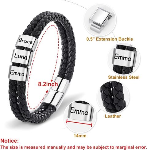 Personalized Leather Bracelets for Men, Dad Gifts for Fathers Day Custom Engraved Mens Bracelet with Name Customized Braided Leather Bracelets Gift for Him Husband Boyfriend (1-8 Beads) in Saudi Arabia