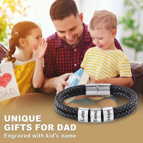 Personalized Leather Bracelets for Men, Dad Gifts for Fathers Day Custom Engraved Mens Bracelet with Name Customized Braided Leather Bracelets Gift for Him Husband Boyfriend (1-8 Beads) in Saudi Arabia