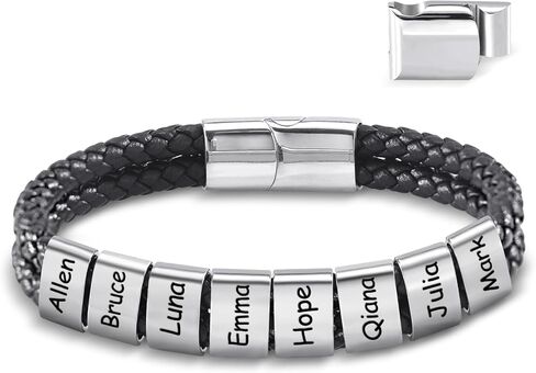 Personalized Leather Bracelets for Men, Dad Gifts for Fathers Day Custom Engraved Mens Bracelet with Name Customized Braided Leather Bracelets Gift for Him Husband Boyfriend (1-8 Beads) in Saudi Arabia