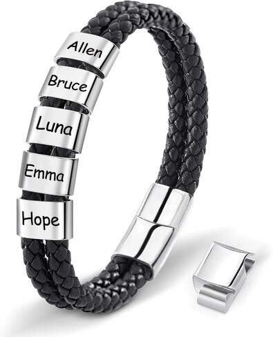 Personalized Leather Bracelets for Men, Dad Gifts for Fathers Day Custom Engraved Mens Bracelet with Name Customized Braided Leather Bracelets Gift for Him Husband Boyfriend (1-8 Beads) in Saudi Arabia