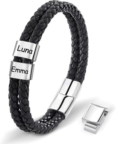 Personalized Leather Bracelets for Men, Dad Gifts for Fathers Day Custom Engraved Mens Bracelet with Name Customized Braided Leather Bracelets Gift for Him Husband Boyfriend (1-8 Beads) in Saudi Arabia