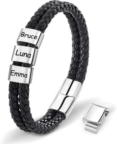 Personalized Leather Bracelets for Men, Dad Gifts for Fathers Day Custom Engraved Mens Bracelet with Name Customized Braided Leather Bracelets Gift for Him Husband Boyfriend (1-8 Beads) in Saudi Arabia