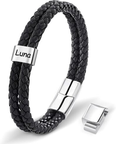 Personalized Leather Bracelets for Men, Dad Gifts for Fathers Day Custom Engraved Mens Bracelet with Name Customized Braided Leather Bracelets Gift for Him Husband Boyfriend (1-8 Beads) in Saudi Arabia
