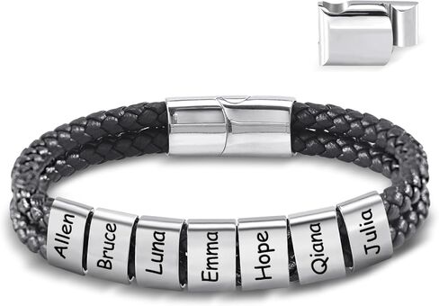 Personalized Leather Bracelets for Men, Dad Gifts for Fathers Day Custom Engraved Mens Bracelet with Name Customized Braided Leather Bracelets Gift for Him Husband Boyfriend (1-8 Beads) in Saudi Arabia