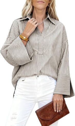 Watashi Women Button Down Shirt Casual Striped Print Dressy Henley Shirts Loose Long Sleeve Collared Office Work Blouse Tops in Saudi Arabia