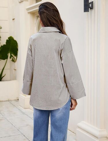 Watashi Women Button Down Shirt Casual Striped Print Dressy Henley Shirts Loose Long Sleeve Collared Office Work Blouse Tops in Saudi Arabia