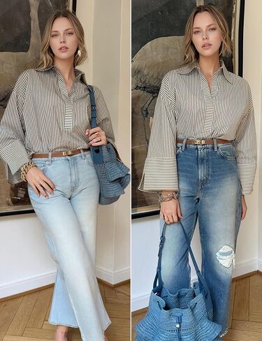 Watashi Women Button Down Shirt Casual Striped Print Dressy Henley Shirts Loose Long Sleeve Collared Office Work Blouse Tops in Saudi Arabia