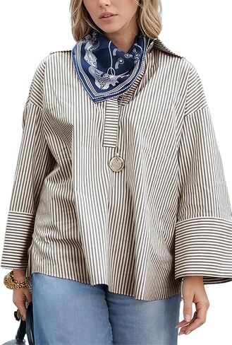 Watashi Women Button Down Shirt Casual Striped Print Dressy Henley Shirts Loose Long Sleeve Collared Office Work Blouse Tops in Saudi Arabia