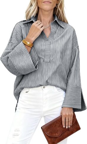 Watashi Women Button Down Shirt Casual Striped Print Dressy Henley Shirts Loose Long Sleeve Collared Office Work Blouse Tops in Saudi Arabia