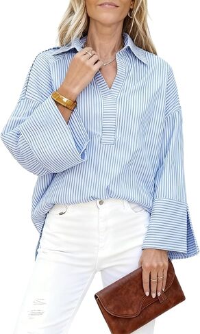 Watashi Women Button Down Shirt Casual Striped Print Dressy Henley Shirts Loose Long Sleeve Collared Office Work Blouse Tops in Saudi Arabia