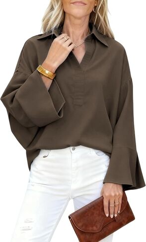 Watashi Women Button Down Shirt Casual Striped Print Dressy Henley Shirts Loose Long Sleeve Collared Office Work Blouse Tops in Saudi Arabia
