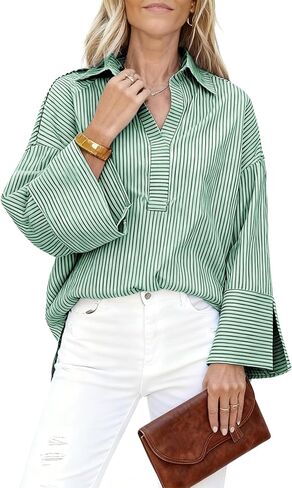 Watashi Women Button Down Shirt Casual Striped Print Dressy Henley Shirts Loose Long Sleeve Collared Office Work Blouse Tops in Saudi Arabia