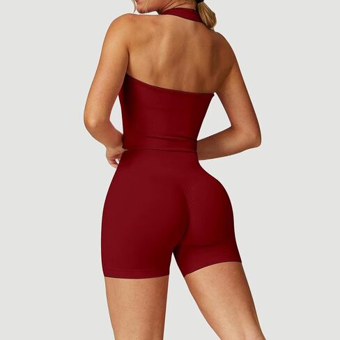 Workout Sets for Women 2 Piece Gym Outfits Seamless Longline Halter Backless Crop Top Scrunch Bum Shorts Tracksuit in Saudi Arabia