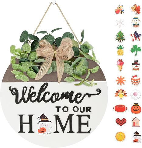 Pinkpum مزدوجة الجانبين قابلة للتبديل علامة ترحيب ديكور الباب الأمامي مع 20 أيقونة موسمية 2 في 1 أكاليل خشبية مستديرة هدايا منزل خارجي داخلي ديكورات منزلية جميع المواسم in Kuwait