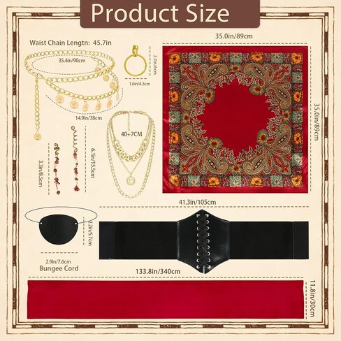 Pirate Costume Accessories Set for Women with Head Scarf Wrap Pirate Corset Eye Patch Earings Necklace Sash Chain Belt in Saudi Arabia