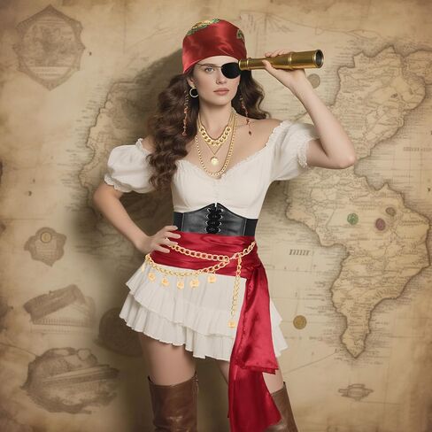 Pirate Costume Accessories Set for Women with Head Scarf Wrap Pirate Corset Eye Patch Earings Necklace Sash Chain Belt in Saudi Arabia
