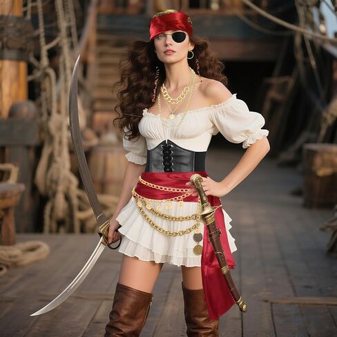 Pirate Costume Accessories Set for Women with Head Scarf Wrap Pirate Corset Eye Patch Earings Necklace Sash Chain Belt in Saudi Arabia
