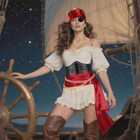 Pirate Costume Accessories Set for Women with Head Scarf Wrap Pirate Corset Eye Patch Earings Necklace Sash Chain Belt in Saudi Arabia