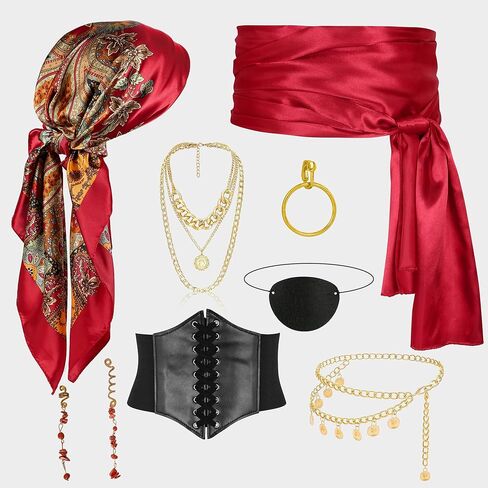 Pirate Costume Accessories Set for Women with Head Scarf Wrap Pirate Corset Eye Patch Earings Necklace Sash Chain Belt in Saudi Arabia