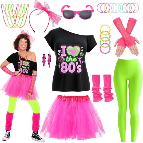 80s Outfit for Women，80s Costumes Dress for Women Decades Day Outfits Womens for Neon Themed Party in Saudi Arabia