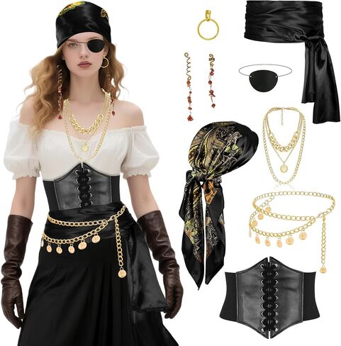 Pirate Costume Accessories Set for Women with Head Scarf Wrap Pirate Corset Eye Patch Earings Necklace Sash Chain Belt in Saudi Arabia