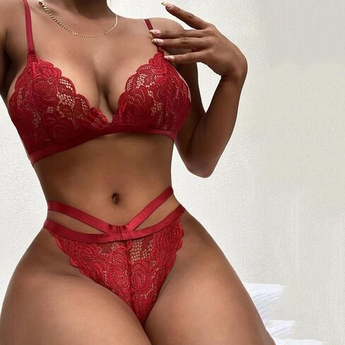 Sexy Lingerie Set for Women Naughty Outfits, Lace Sheer Bra and Panty Valentines Lingerie 2025, Black Onesize in Saudi Arabia