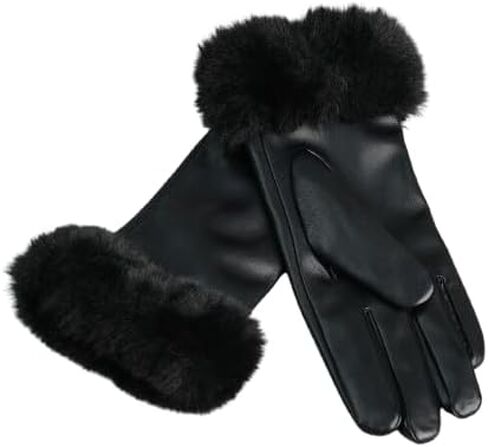 Faux Fur Trimmed Vegan Leather Gloves, Black, Ribbed Knit Cuff, Cozy & Stylish for Cold Weather in Saudi Arabia